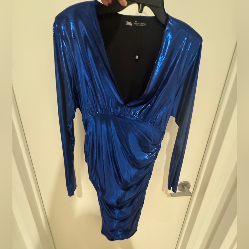 Shiny Blue Long Sleeve Dress